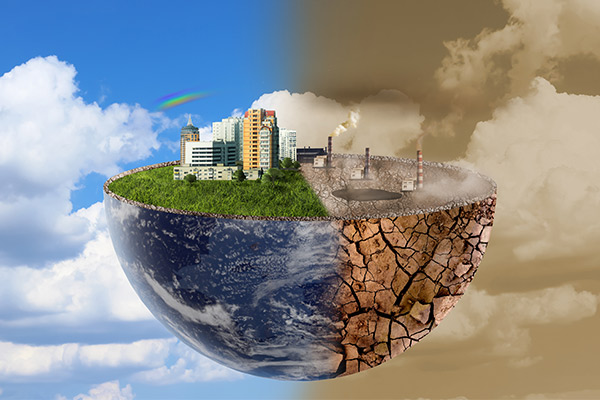 Environmental pollution collage divided into clean and contaminated earth against sky halved globe with buildings and green grass on one side and cracked soil with factories on the other