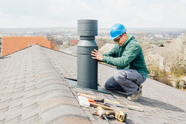 a technician fixing chimney on home roof 