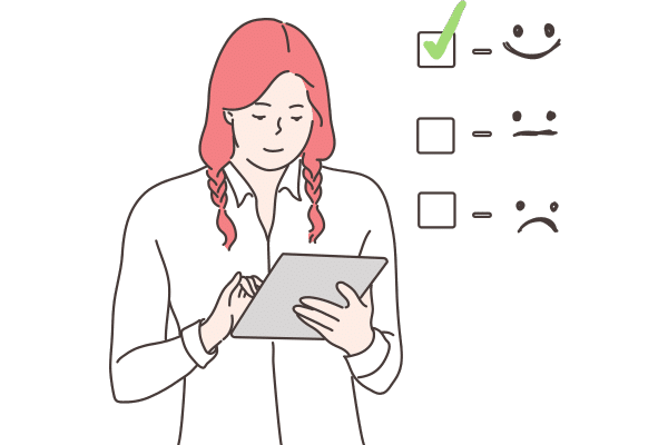 a girl holding a notepad with good review icon vector