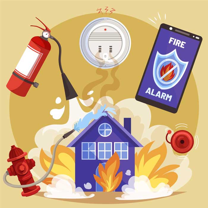 vector home fire with fire hydrogen and alarm