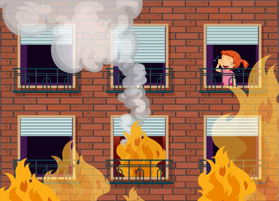vector a home is burning and a child crying on balcony 